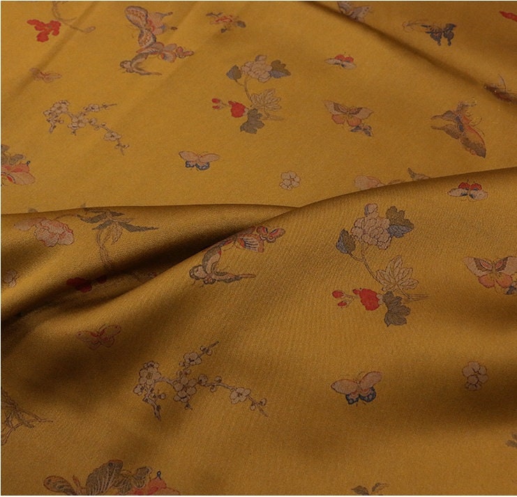 HUDH - 35 Momme Butterfly Flower Print Double-Sided Satin Mud Silk Fabric - 105cm wide by the Yard