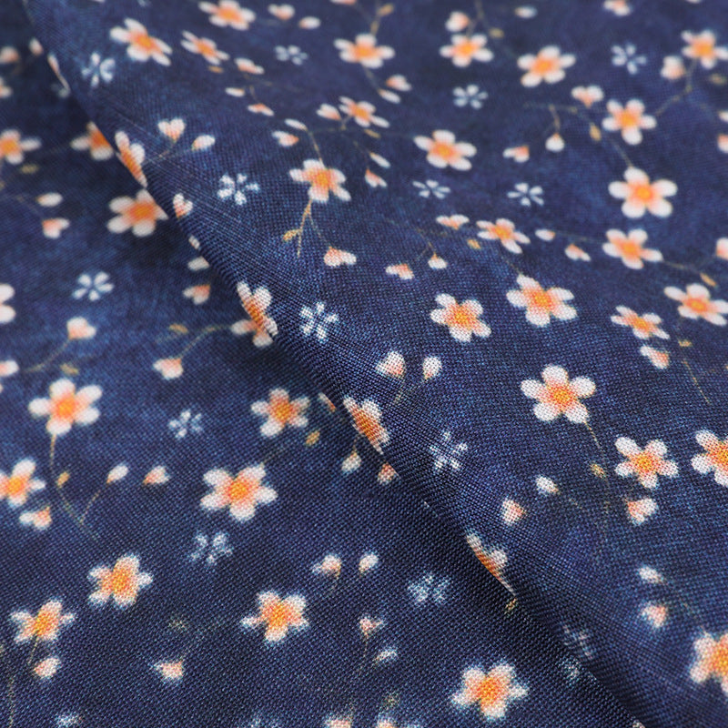 LANDIHHA - Vintage Style Dark Blue Digital Print 150GSM Viscose blend Linen Fabric - 140cm wide by the Yard