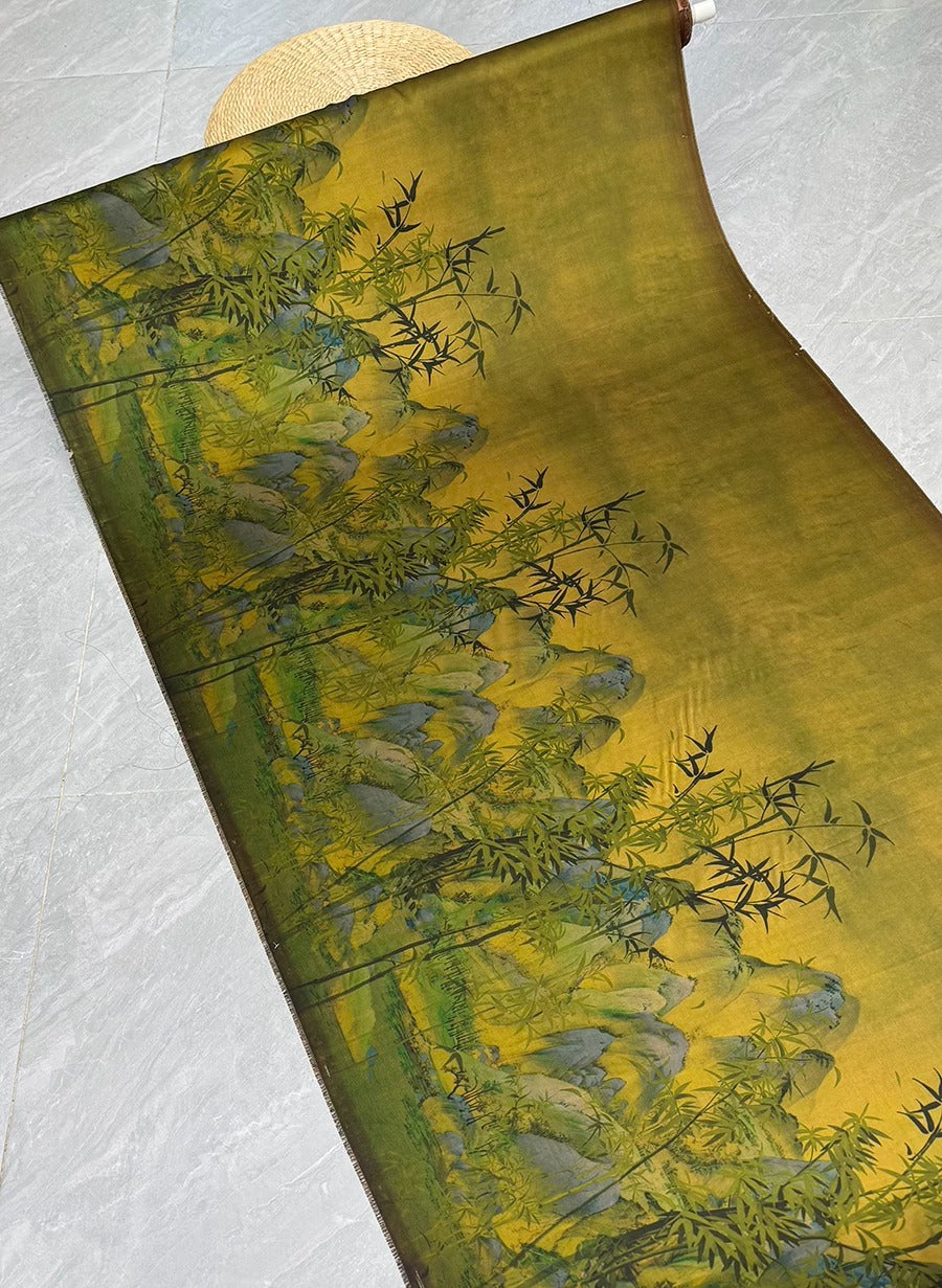 a vibrant, colorful painting of a bamboo forest with a yellow and green color palette.