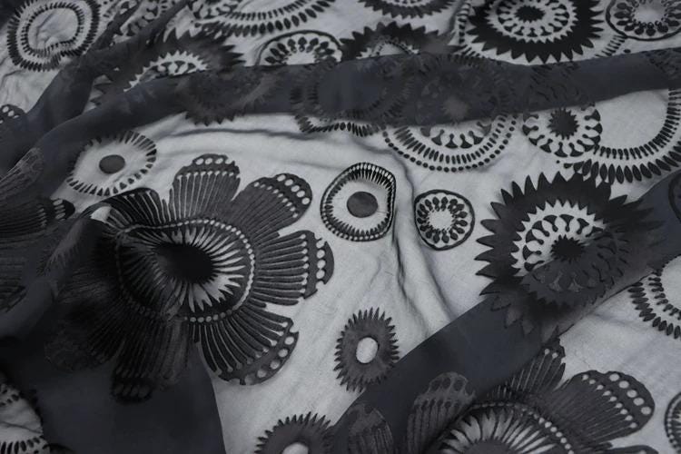 a close-up view of a black and white fabric with a repeating floral pattern.