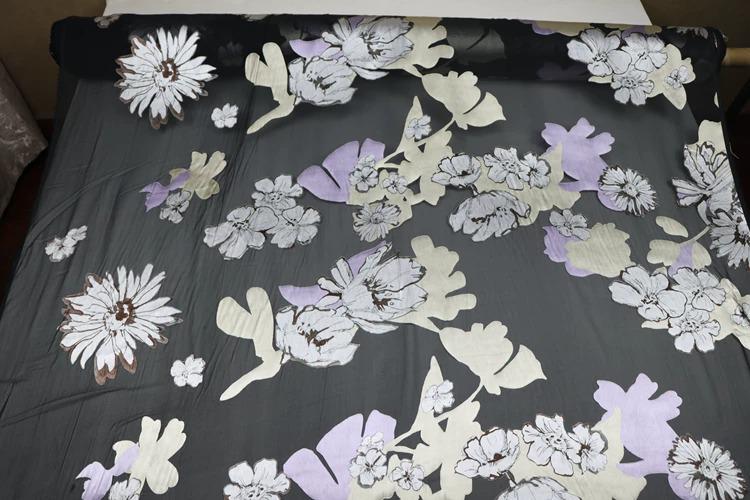 JFHHDHR - Silk Devore Satin Fabric, 16 Momme Black Burnout Big Floral , 130 cm Wide by the Yard