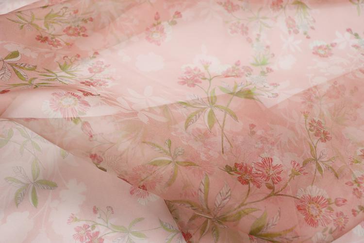 JFHOGT - 6 Momme Blue Silk Organza with Floral Print Silk Fabric - 137cm wide By the Yard