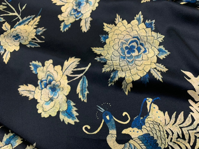 KOQHUA - 19 Momme Peacock Flowers Pattern Digital Print Stretch Silk Satin Fabric - 108cm wide by the Yard