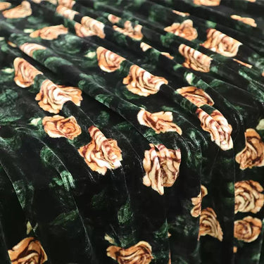 ZSRMJR - 55 Momme Dark Green Background with Flesh-toned Rose Pattern Printed Mulberry Silk Velvet Fabric - 140cm wide by the Yard