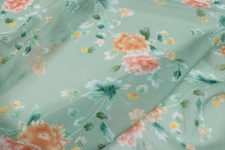 JFHLDH - 9 Momme Green-based Floral Print Silk Georgette Fabric - 137cm wide by the Yard
