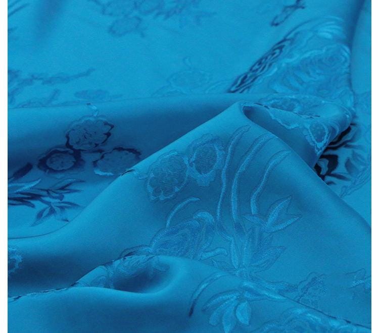 BAOSLN - 25 Momme Unique Cavansite Blue Jacquard SangBo Silk Satin Fabric - 137cm by the Yard