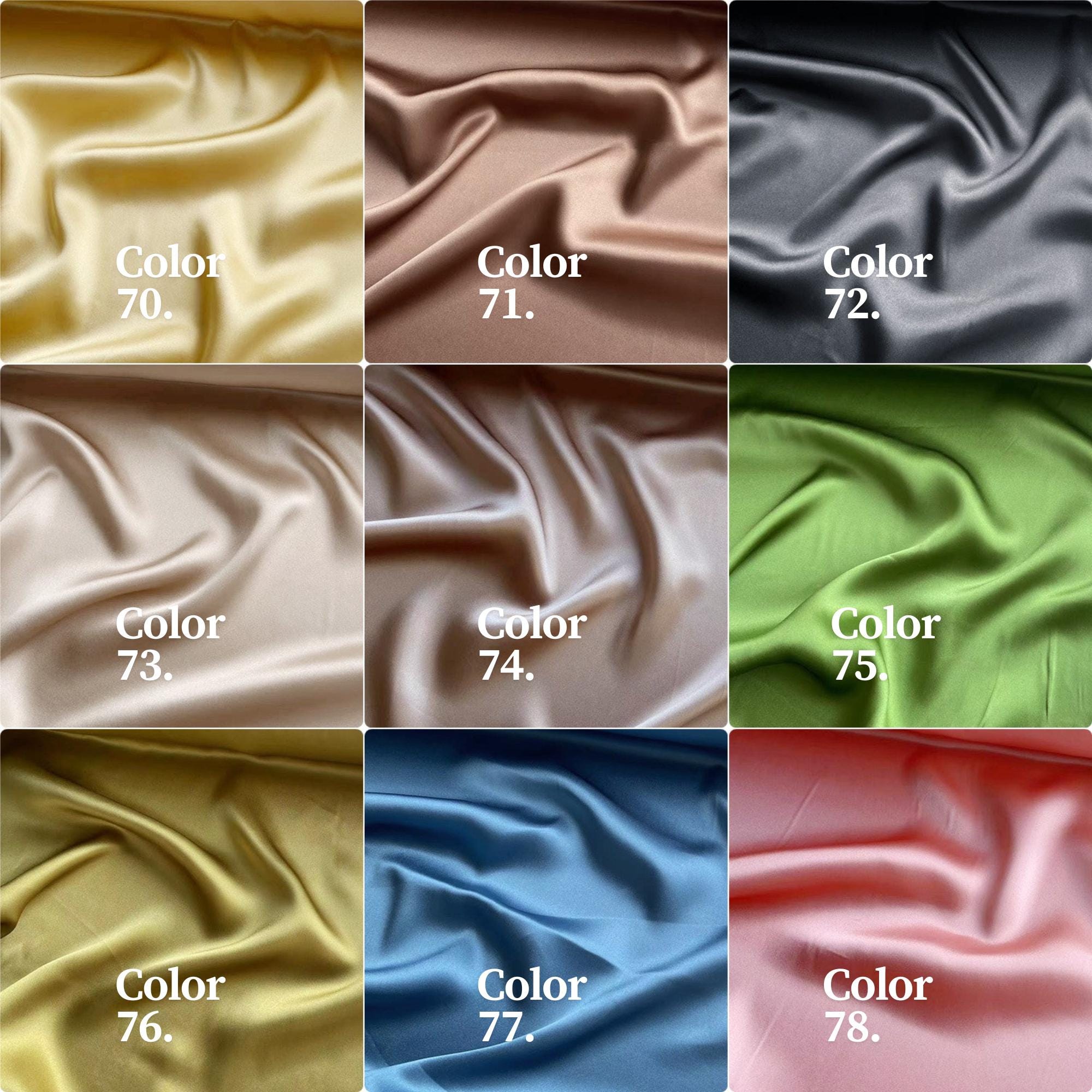 100% Silk Charmeuse, 16 Momme solid 120 colors 61-120, 114cm wide by the yard