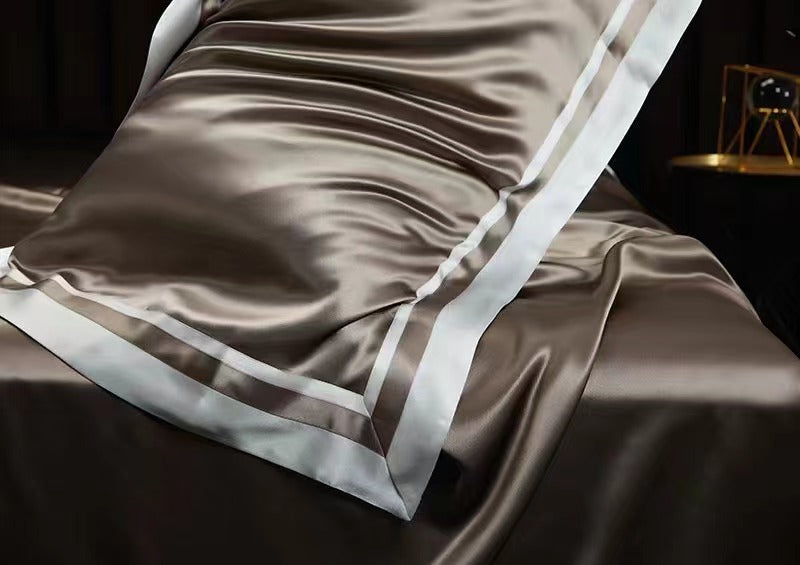 DARK GOLD - 25 Momme Flying Edge Purfle Silk Bedding Set 4pcs