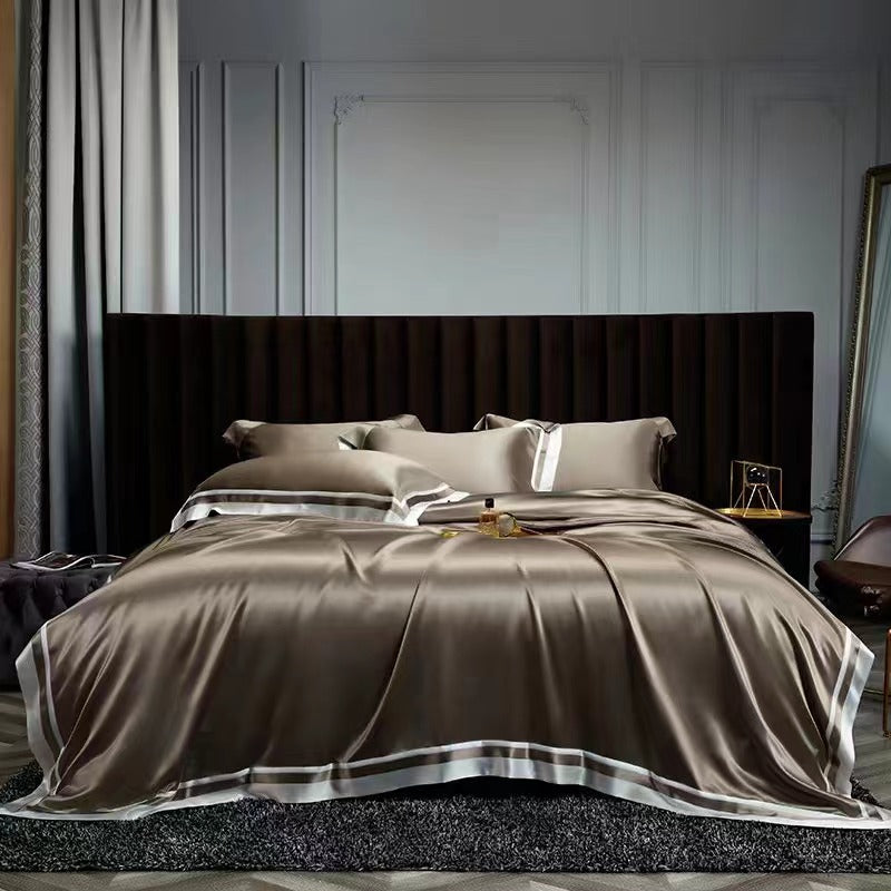 DARK GOLD - 25 Momme Flying Edge Purfle Silk Bedding Set 4pcs