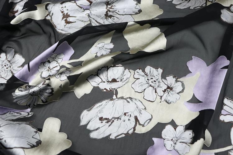 JFHHDHR - Silk Devore Satin Fabric, 16 Momme Black Burnout Big Floral , 130 cm Wide by the Yard