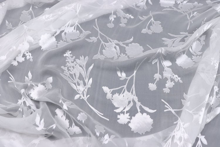 XLUZHI - 10 Momme White Flowers Sheer Burnout Silk Devore Satin Fabric - 140cm wide by the Yard