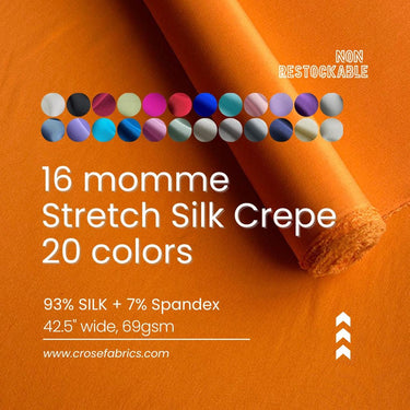 16 Momme Stretch Silk Crepe Fabric – 20 Colors, 42.5" Wide, 93/7 Silk/Spandex
