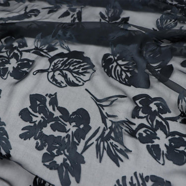 SHUYE - Black Leaves Print Sheer Burnout Silk Devore Satin Fabric - 140cm wide by the Yard