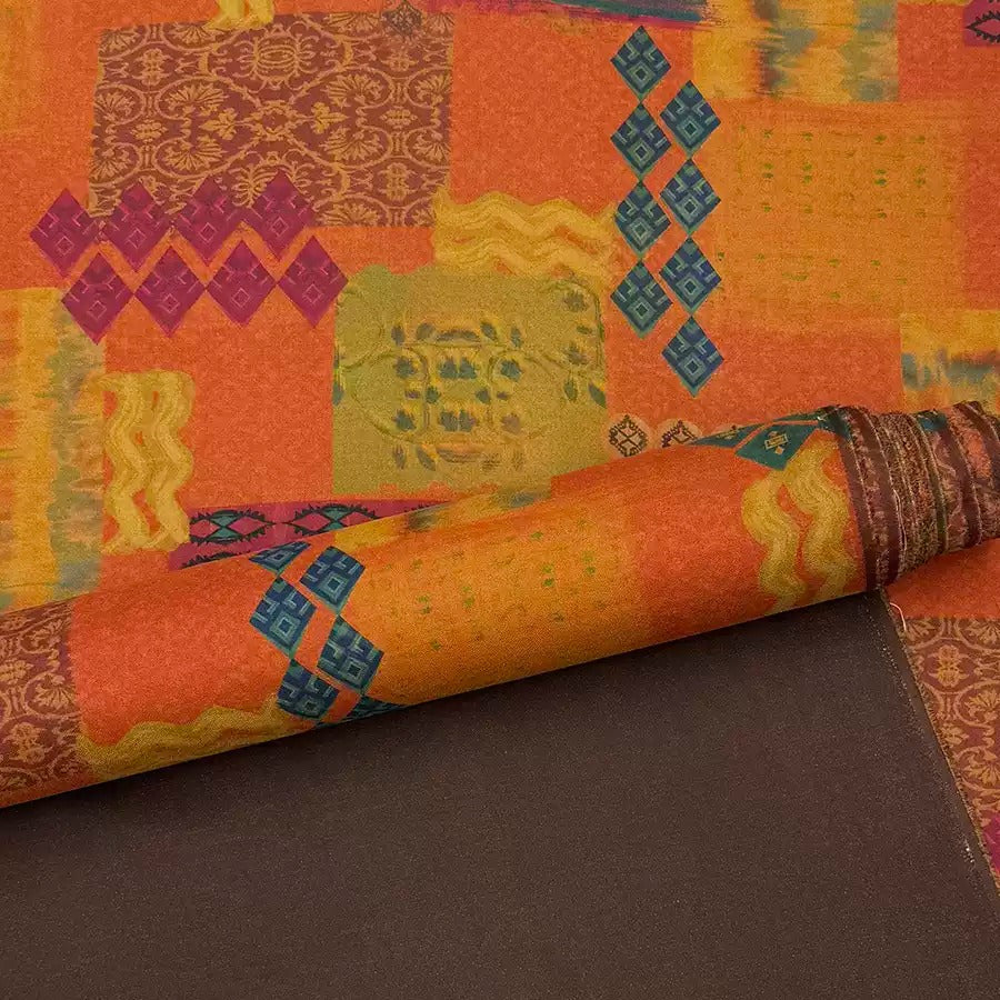 a vibrant, colorful fabric with a variety of geometric patterns and designs, including diamond shapes, floral motifs, and abstract patterns in shades of orange, yellow, and green.