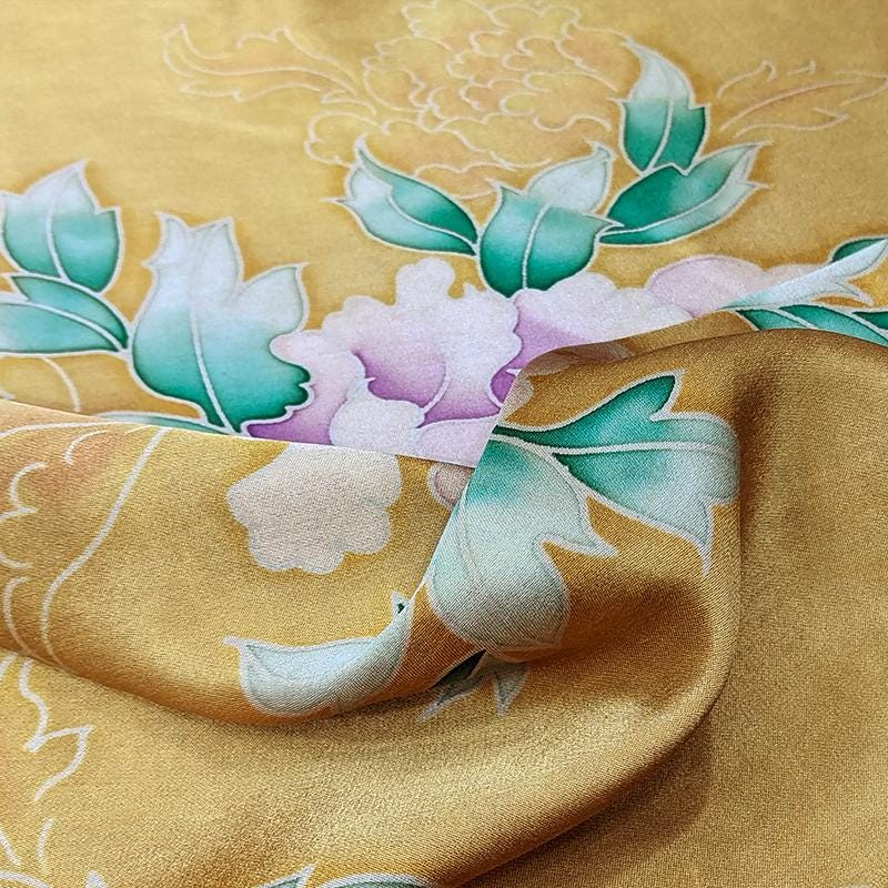GYJDMD - Yellow Handmade 40 Momme Painted Peony Mud Silk Satin Fabric - 112cm By the Yard
