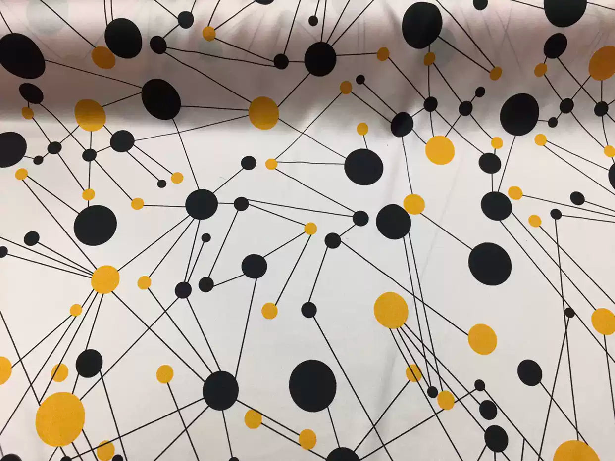 BADHEI - 19 Momme Irregular Lines of Black and Yellow Dots on White Background Pattern Digital Print Stretch Silk Satin Fabric - 108cm wide by the Yard