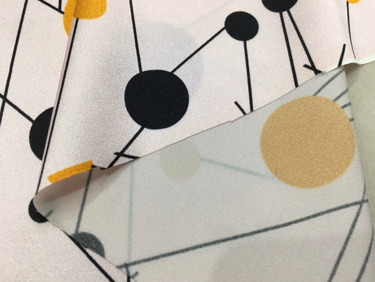 BADHEI - 19 Momme Irregular Lines of Black and Yellow Dots on White Background Pattern Digital Print Stretch Silk Satin Fabric - 108cm wide by the Yard