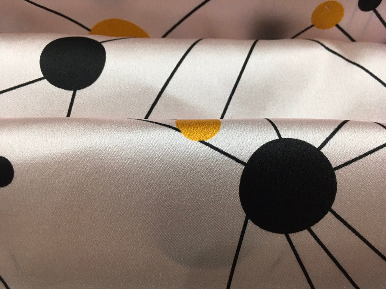 BADHEI - 19 Momme Irregular Lines of Black and Yellow Dots on White Background Pattern Digital Print Stretch Silk Satin Fabric - 108cm wide by the Yard