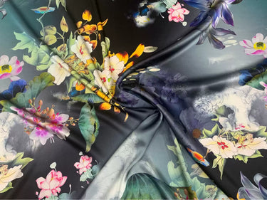 BAFAQF- 19 Momme Ink Style Colorful Flowers Blooming Peony Flowers Pattern Digital Print Stretch Silk Satin Fabric - 140cm wide by the Yard