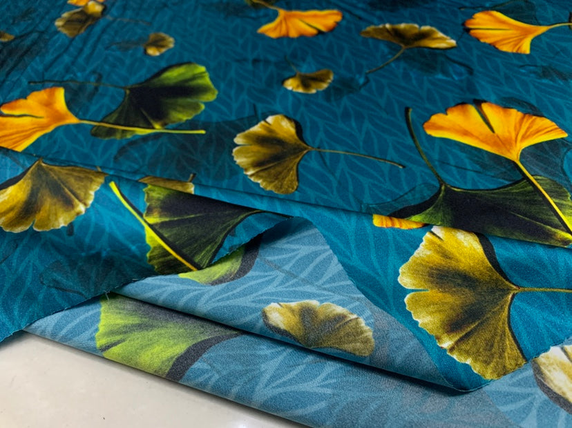 BAOLYX - 19 Momme Retro Style Royal Blue Ginkgo Leaves Pattern Digital Print Stretch Silk Satin Fabric - 108cm wide by the Yard