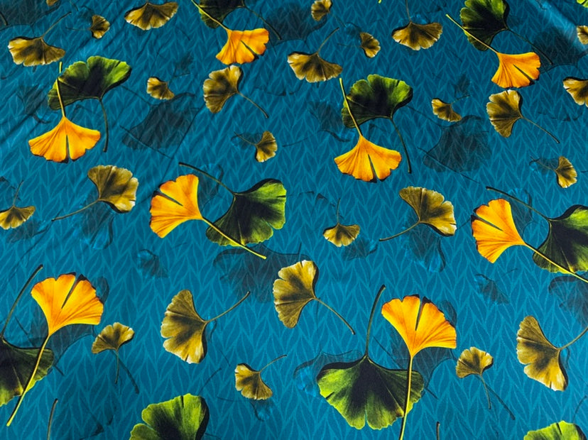 BAOLYX - 19 Momme Retro Style Royal Blue Ginkgo Leaves Pattern Digital Print Stretch Silk Satin Fabric - 108cm wide by the Yard