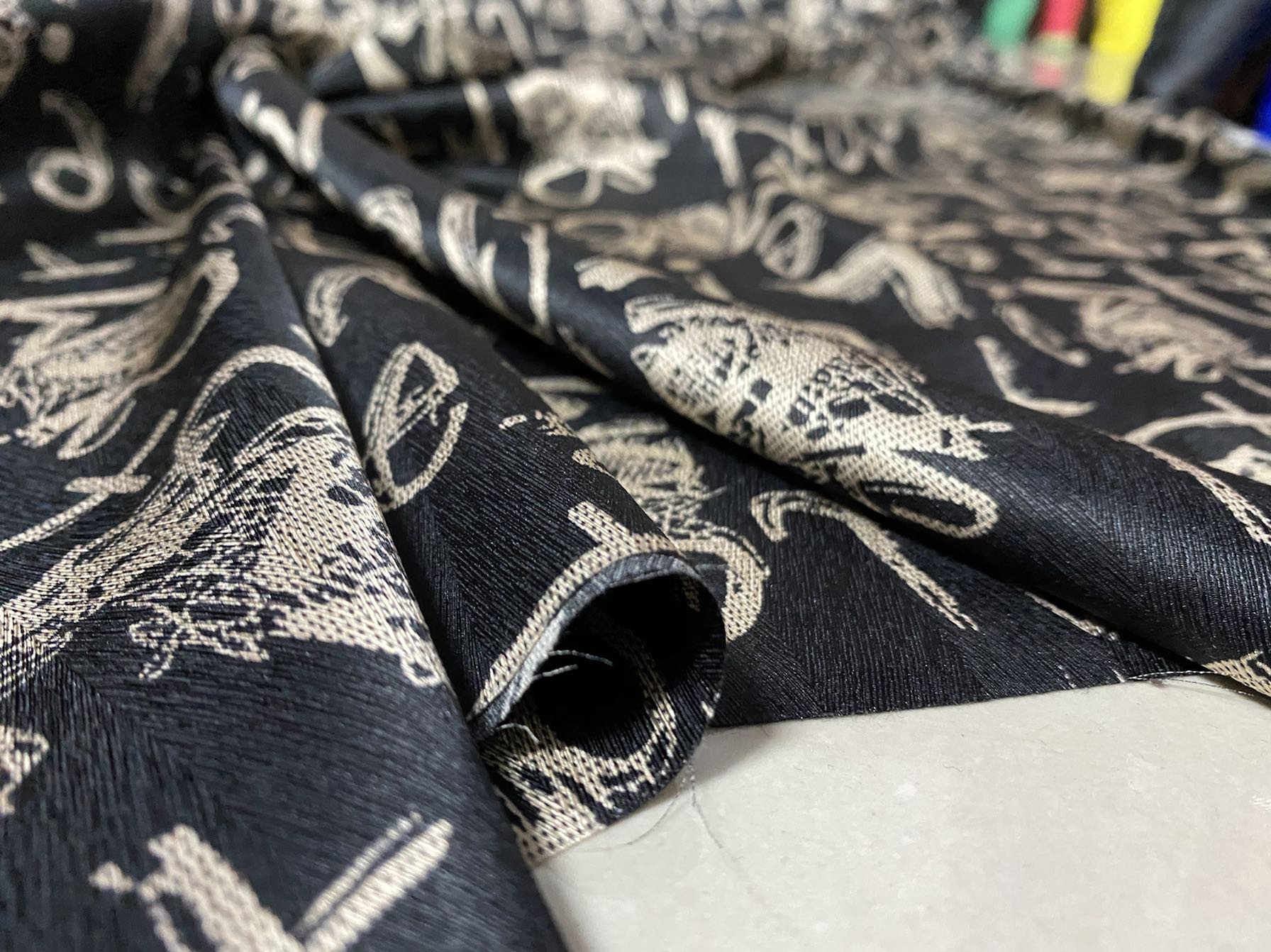 BLAZIM - 22 Momme Black Background Letters Pattern Digital Print Stretch Silk Satin Fabric - 140cm wide by the Yard