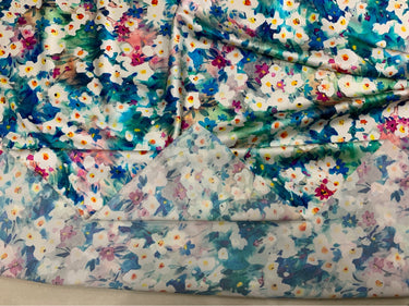 BLUEFA - 19 Momme Small Blue Florals Pattern Digital Print Stretch Silk Satin Fabric - 108cm wide by the Yard