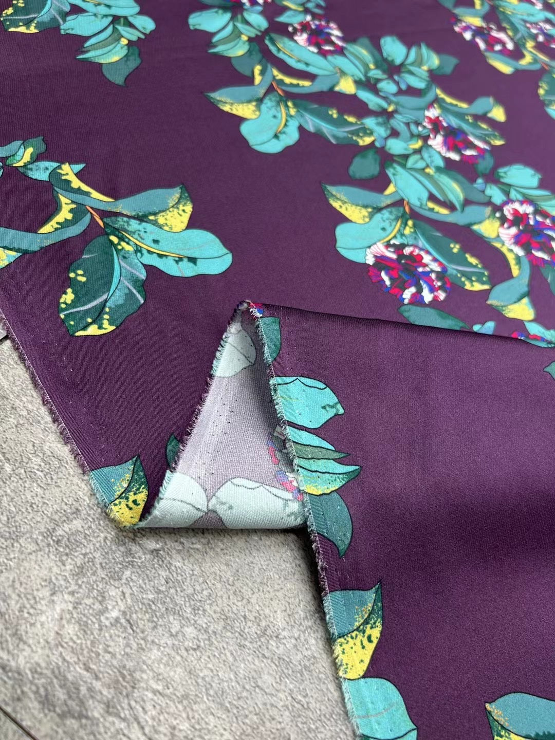 BUBAZH - 21 Momme Temperament Purple Digital Print Stretch Silk Satin Fabric - 140cm wide by the Yard