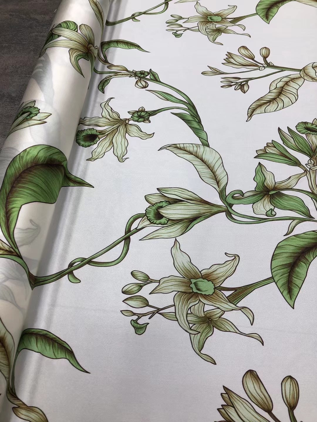 BUBBDL - 21 Momme Green Leaves on White Background Digital Print Stretch Silk Satin Fabric - 140cm wide by the Yard