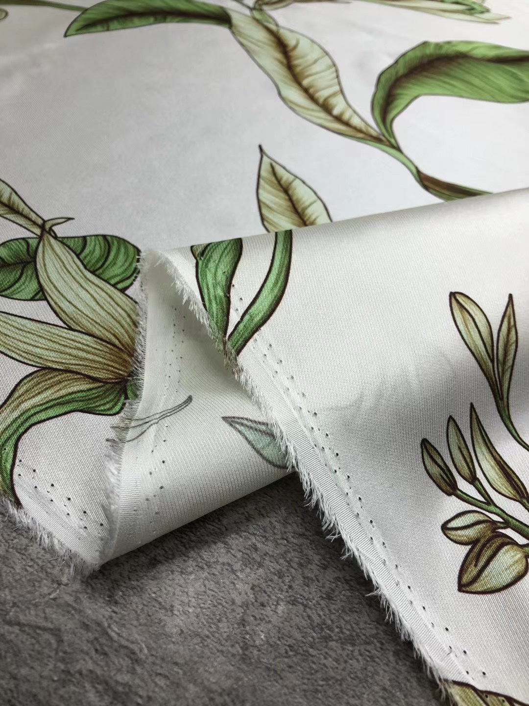 BUBBDL - 21 Momme Green Leaves on White Background Digital Print Stretch Silk Satin Fabric - 140cm wide by the Yard