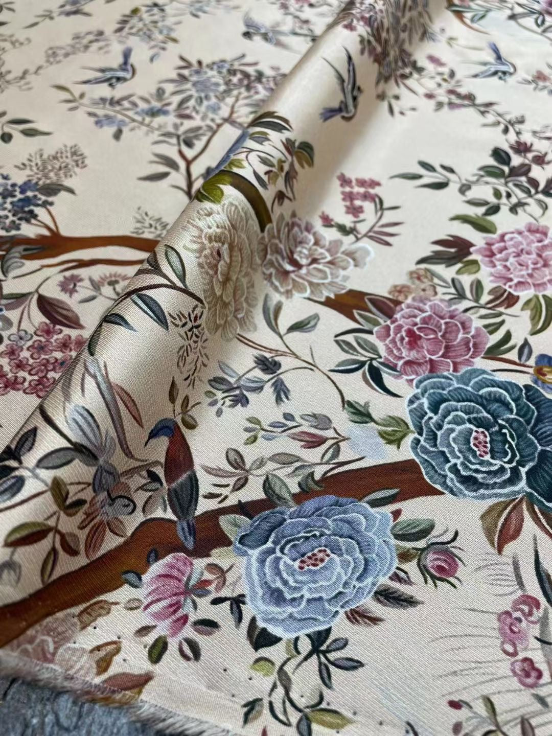 BUBFZL - 21 Momme Flower and Bird Painting Digital Print Stretch Silk Satin Fabric - 140cm wide by the Yard