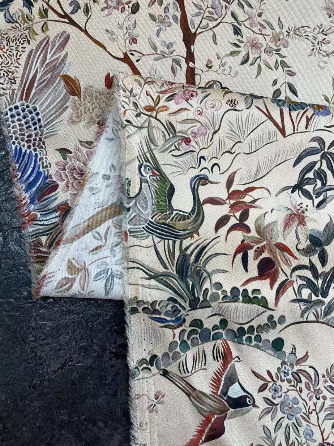 BUBFZL - 21 Momme Flower and Bird Painting Digital Print Stretch Silk Satin Fabric - 140cm wide by the Yard