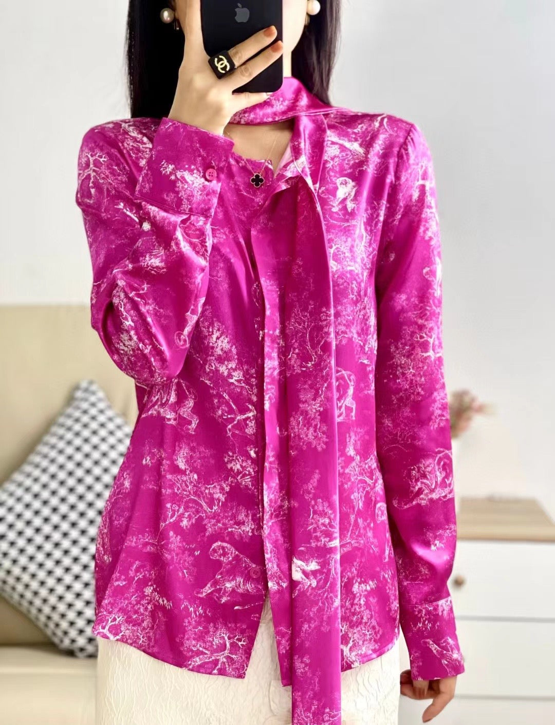 BUBBST - 21 Momme Rose Pink Animal Banquet Digital Print Stretch Silk Satin Fabric - 140cm wide by the Yard