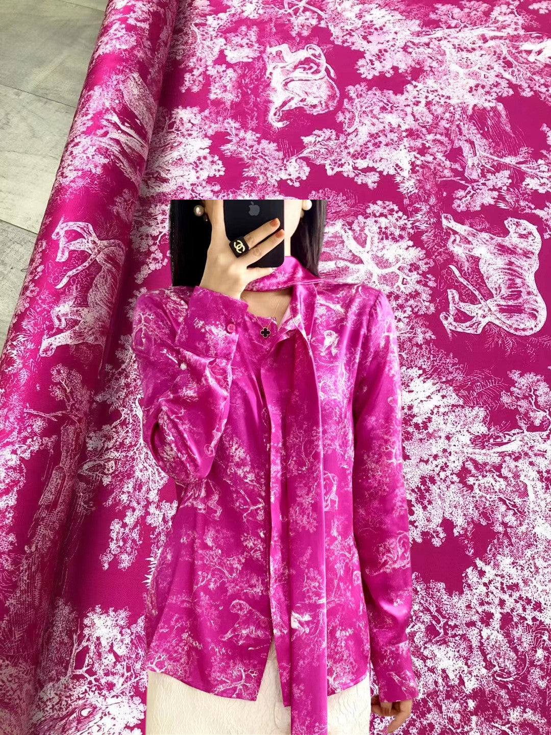 BUBBST - 21 Momme Rose Pink Animal Banquet Digital Print Stretch Silk Satin Fabric - 140cm wide by the Yard