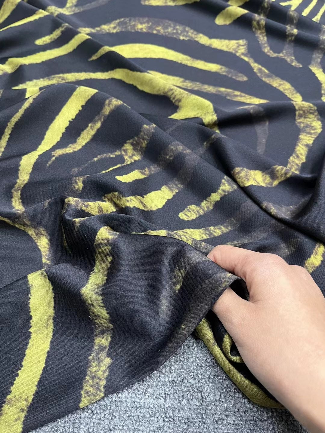 BUBHDT - 21 Momme Black Background with Yellow Stripes Digital Print Stretch Silk Satin Fabric - 140cm wide by the Yard