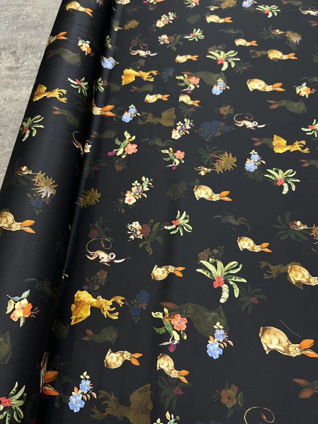 BUBHTZ - 21 Momme Black Background Rabbit Digital Print Stretch Silk Satin Fabric - 140cm wide by the Yard