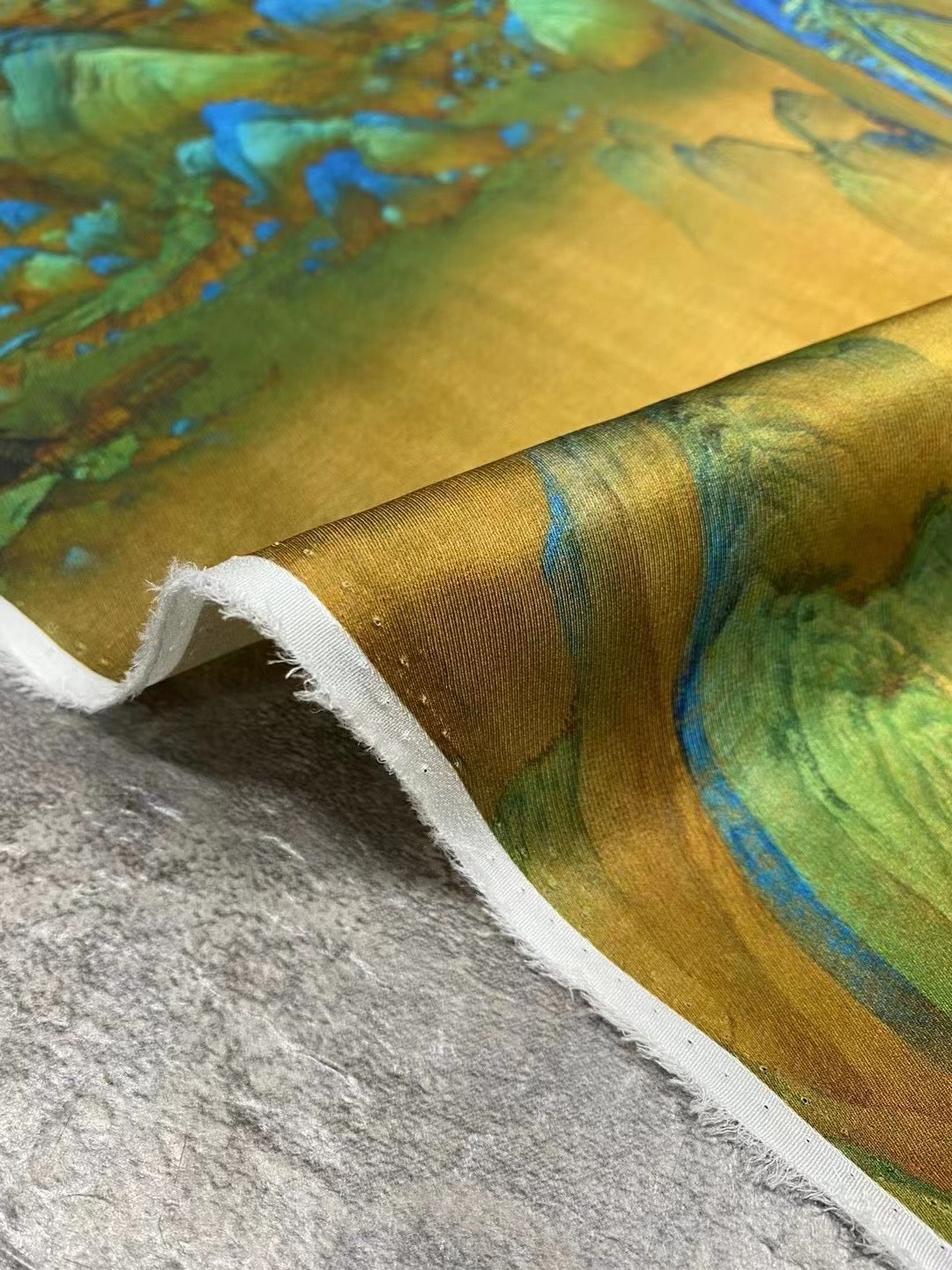 BUBJST - 21 Momme Ancient Style Thousand Miles of Rivers and Mountains Print Digital Print Stretch Silk Satin Fabric - 140cm wide by the Yard
