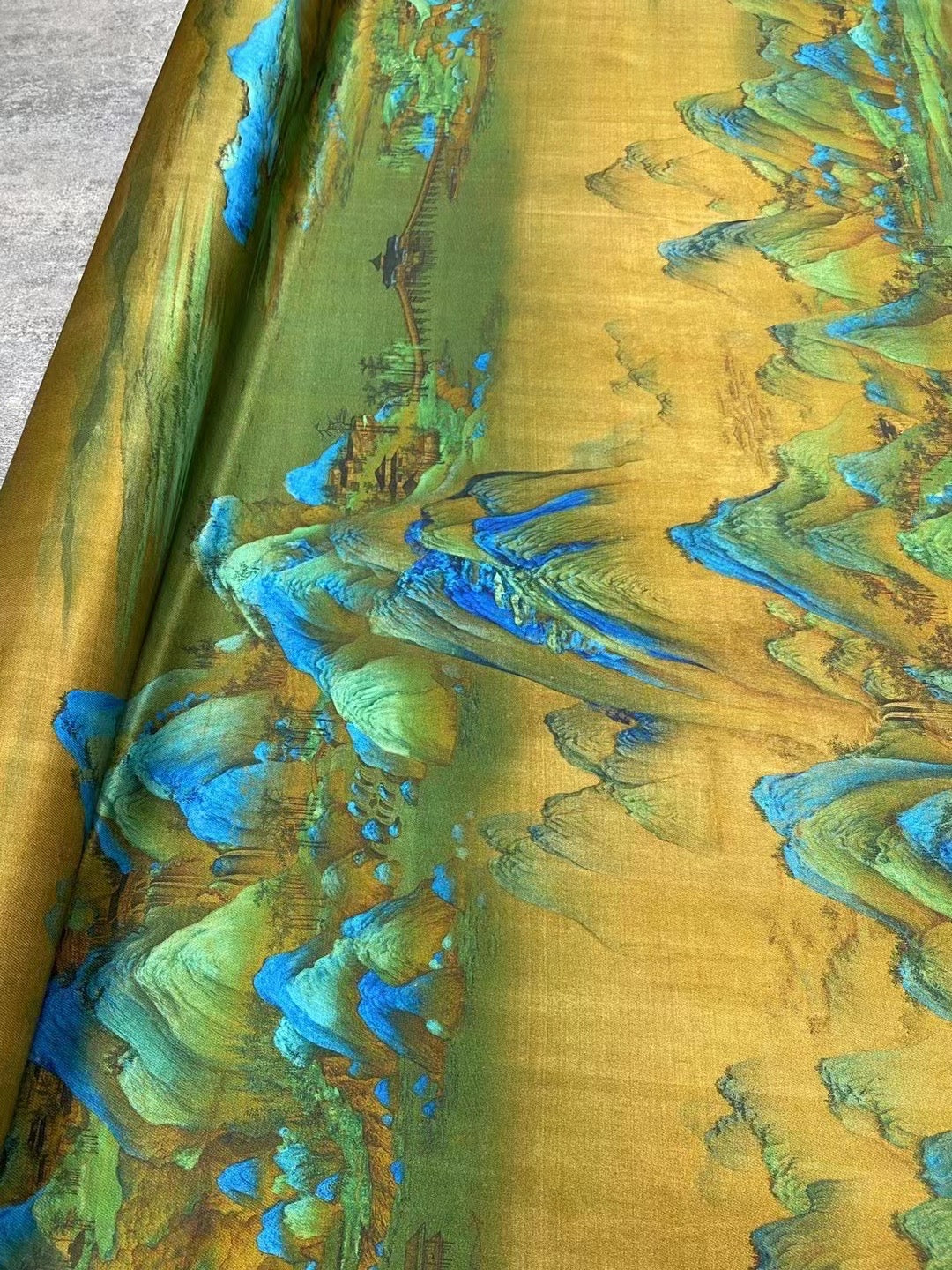 BUBJST - 21 Momme Ancient Style Thousand Miles of Rivers and Mountains Print Digital Print Stretch Silk Satin Fabric - 140cm wide by the Yard