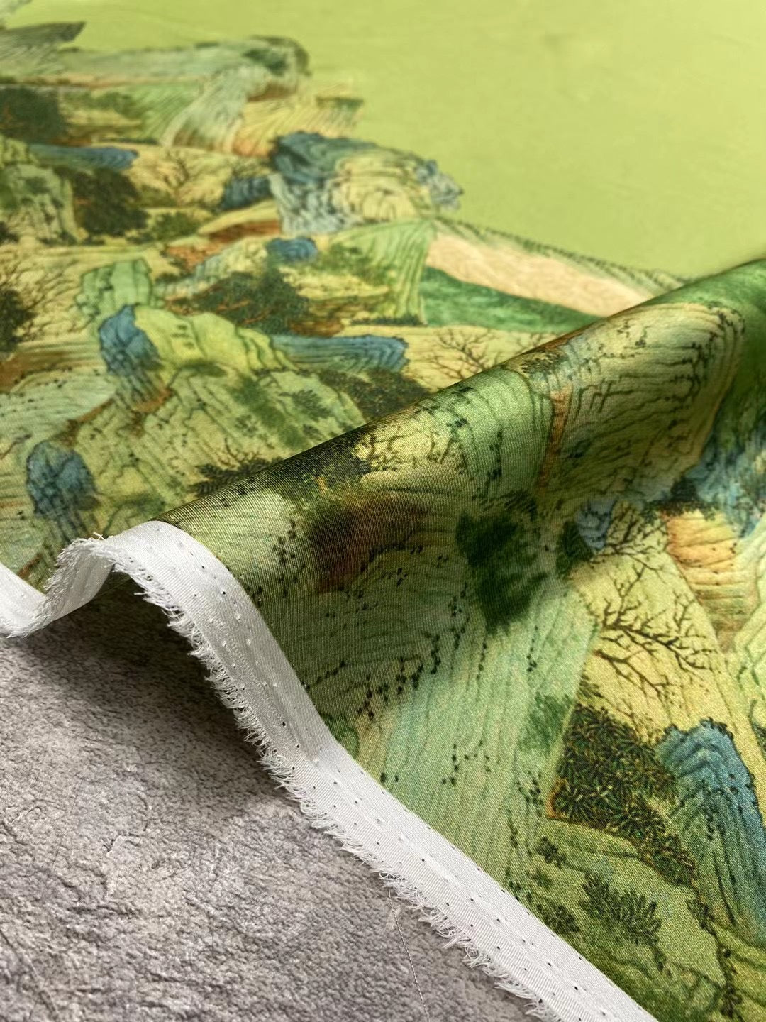 BUBLJS - 21 Momme Landscape Painting of Mountains and Rivers Digital Print Stretch Silk Satin Fabric - 140cm wide by the Yard