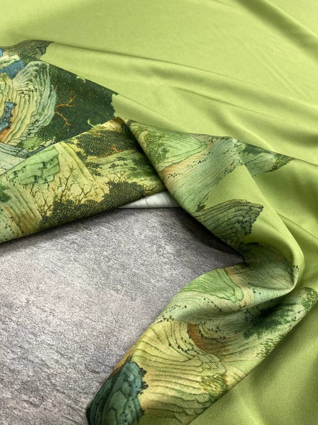 BUBLJS - 21 Momme Landscape Painting of Mountains and Rivers Digital Print Stretch Silk Satin Fabric - 140cm wide by the Yard