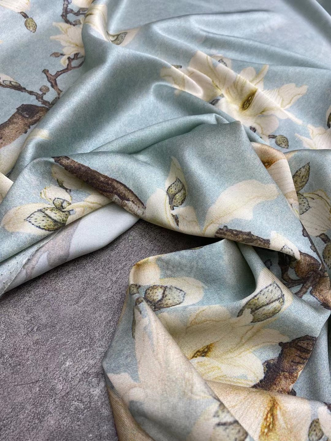 BUBLYL - 21 Momme Gray Blue Background Digital Print Stretch Silk Satin Fabric - 140cm wide by the Yard
