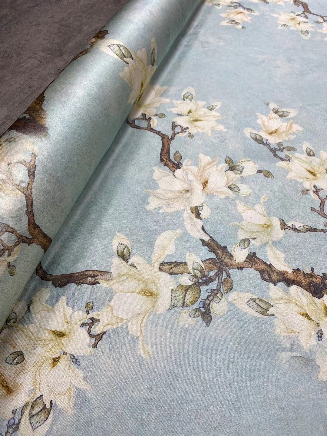 BUBLYL - 21 Momme Gray Blue Background Digital Print Stretch Silk Satin Fabric - 140cm wide by the Yard