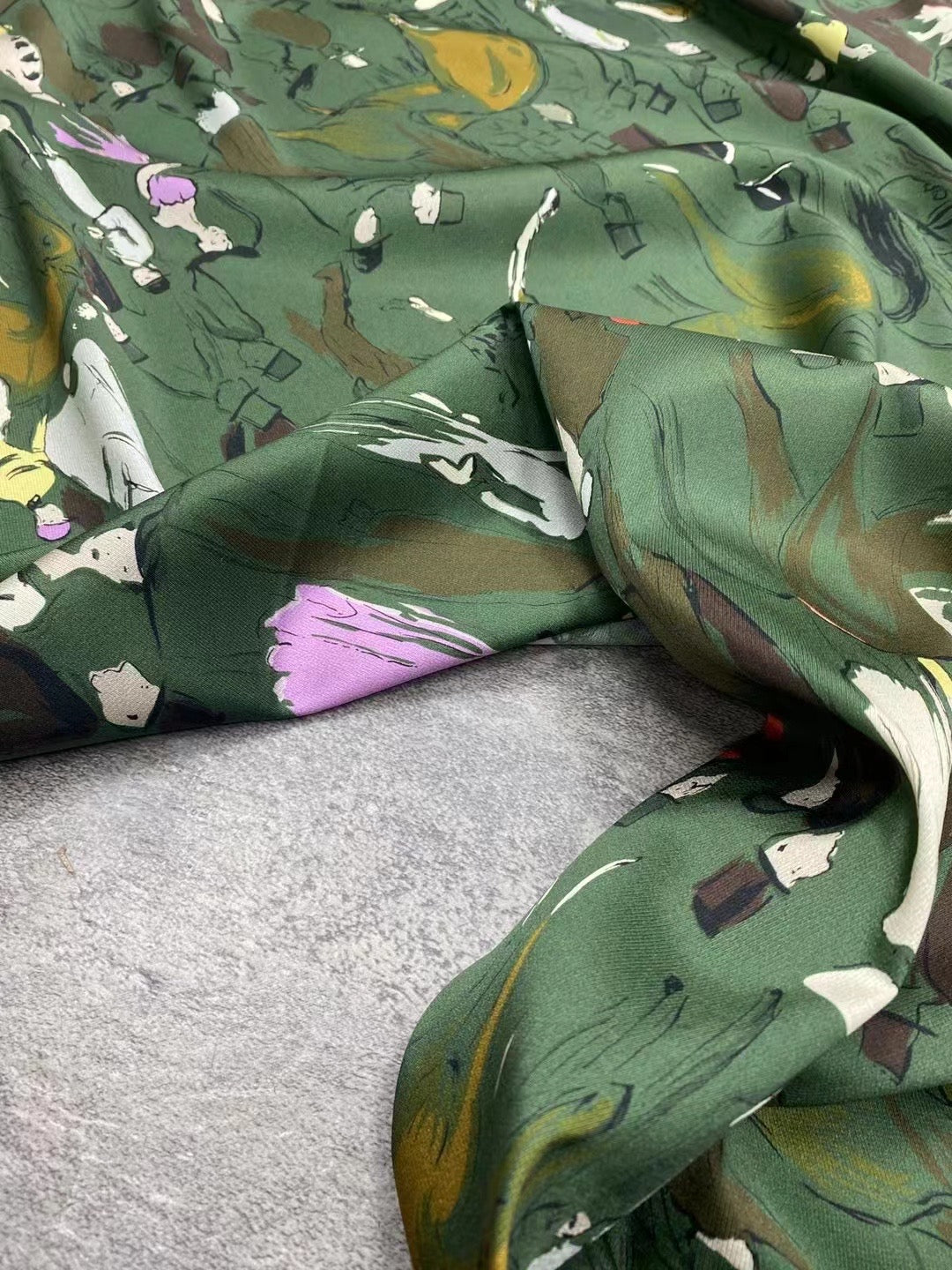 BUBMLR - 21 Momme Dark Green Character Digital Print Stretch Silk Satin Fabric - 140cm wide by the Yard