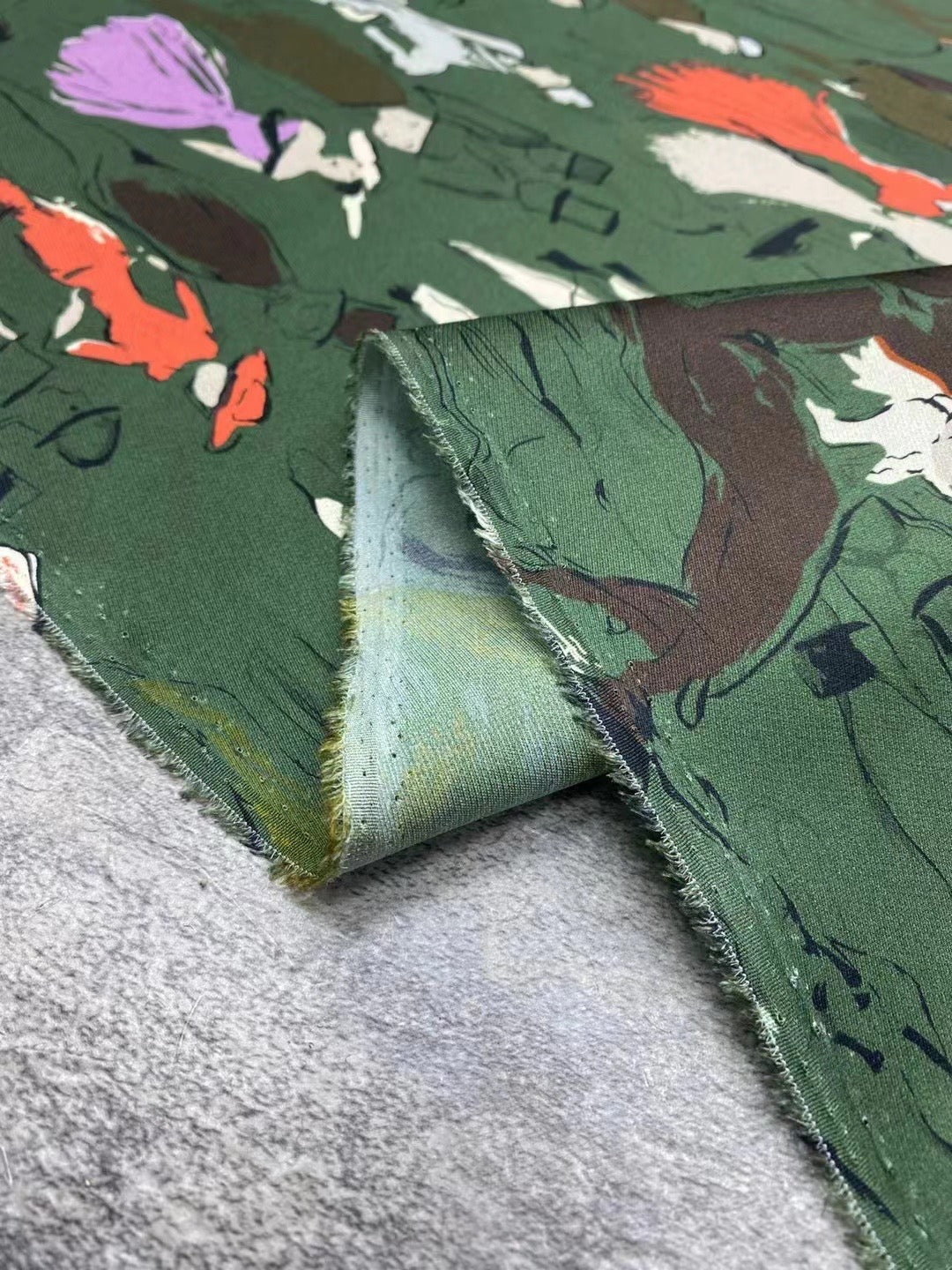 BUBMLR - 21 Momme Dark Green Character Digital Print Stretch Silk Satin Fabric - 140cm wide by the Yard