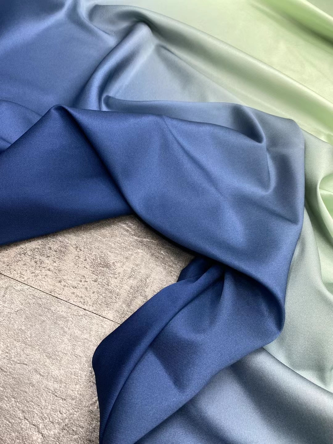 BUBQLB - 21 Momme Cyan Blue Gradient Digital Print Stretch Silk Satin Fabric - 140cm wide by the Yard