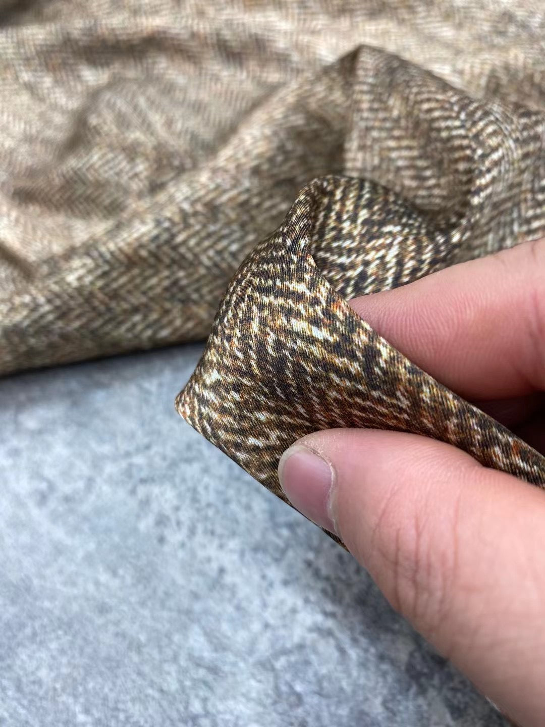 BUBYMS - 21 Momme Oatmeal Herringbone Digital Print Stretch Silk Satin Fabric - 140cm wide by the Yard