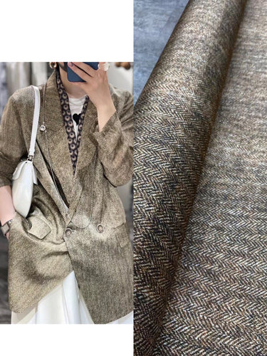 BUBYMS - 21 Momme Oatmeal Herringbone Digital Print Stretch Silk Satin Fabric - 140cm wide by the Yard