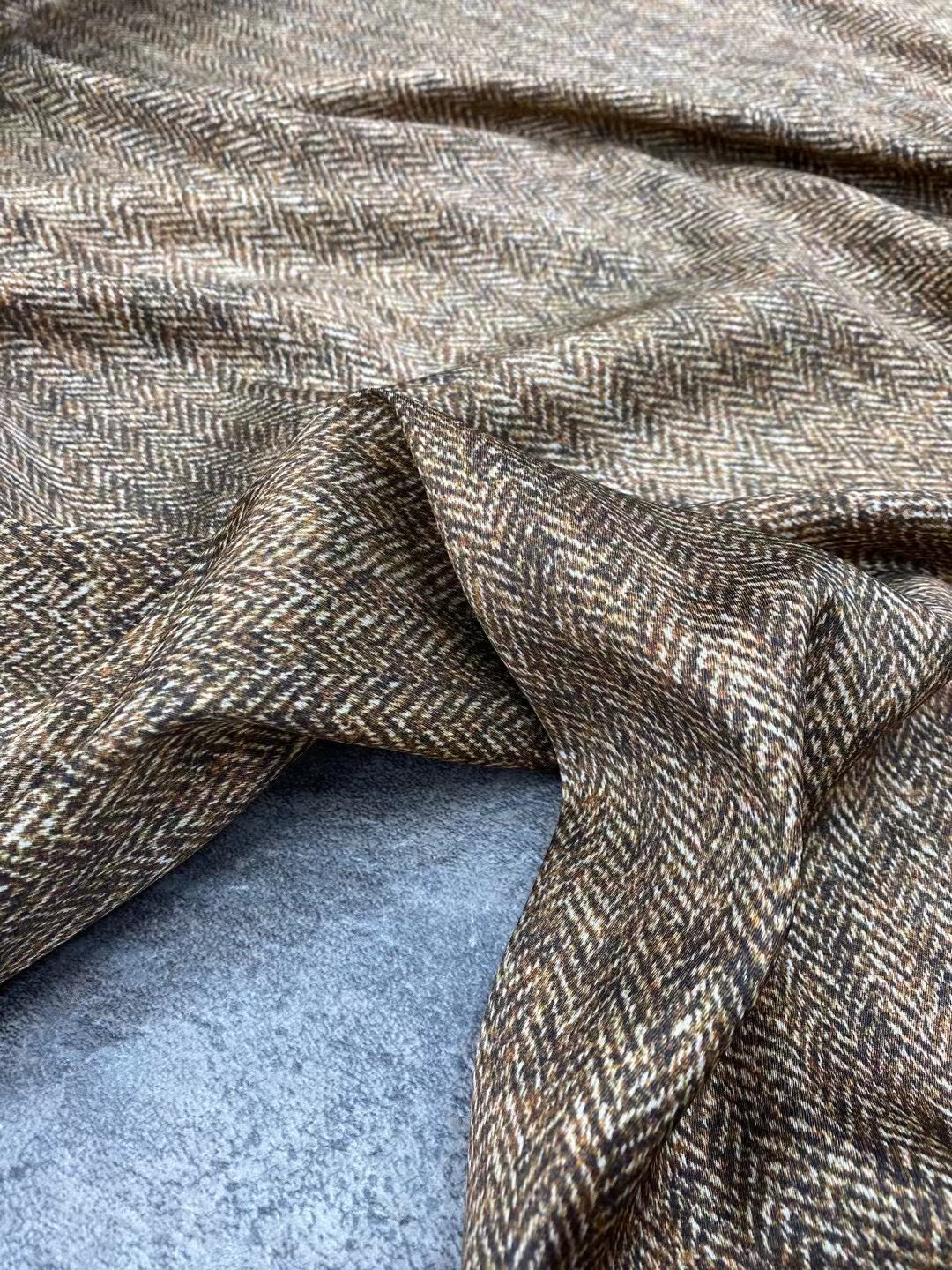 BUBYMS - 21 Momme Oatmeal Herringbone Digital Print Stretch Silk Satin Fabric - 140cm wide by the Yard