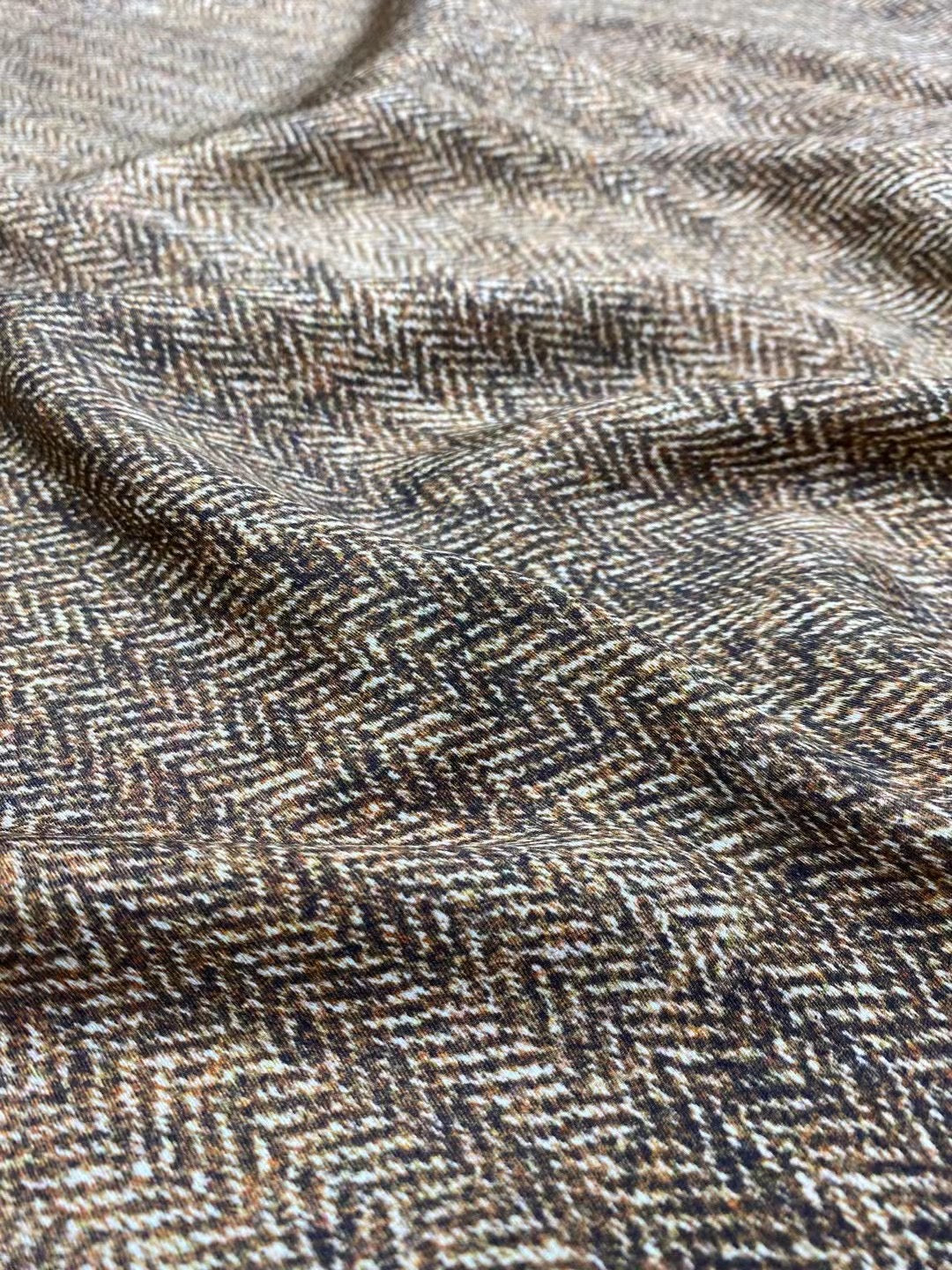 BUBYMS - 21 Momme Oatmeal Herringbone Digital Print Stretch Silk Satin Fabric - 140cm wide by the Yard