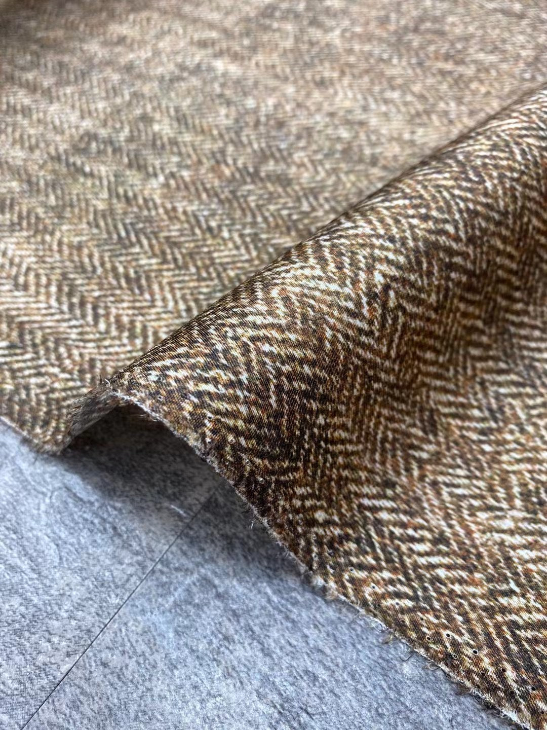 BUBYMS - 21 Momme Oatmeal Herringbone Digital Print Stretch Silk Satin Fabric - 140cm wide by the Yard